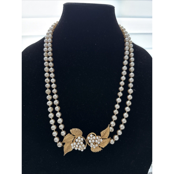 Vtg Signed Tara Double Strand Faux Pearl Crystal Necklace 25” - Picture 1 of 5